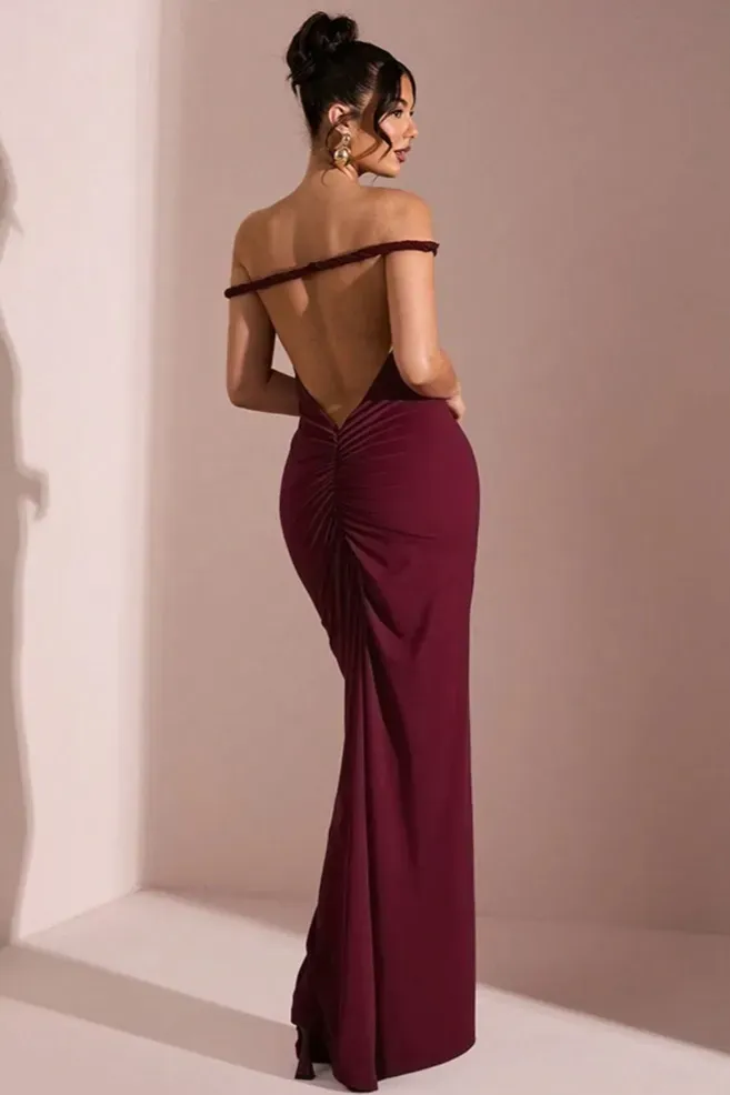 Maroon Ruched Backless Maxi Dress