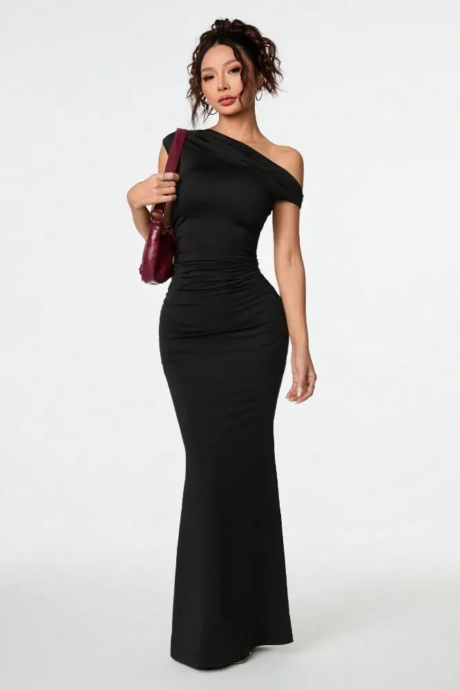 Black Ruched Bodycon Maxi Dress - Image 1