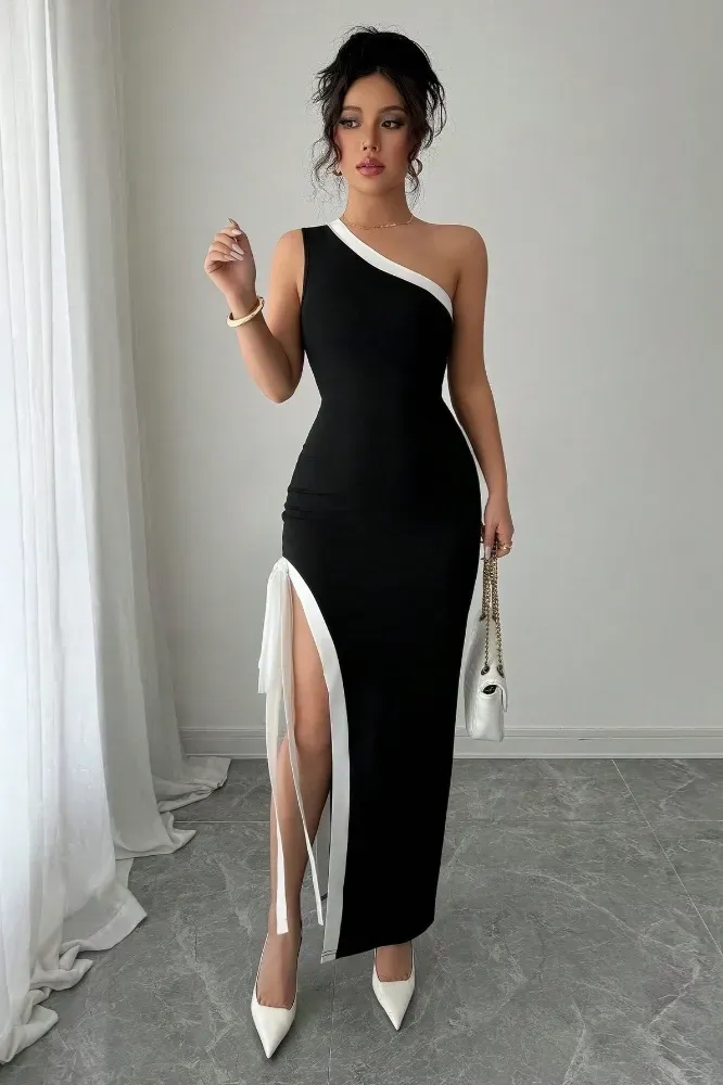 Black Oneshoulder Slit Maxi Dress - Image 1