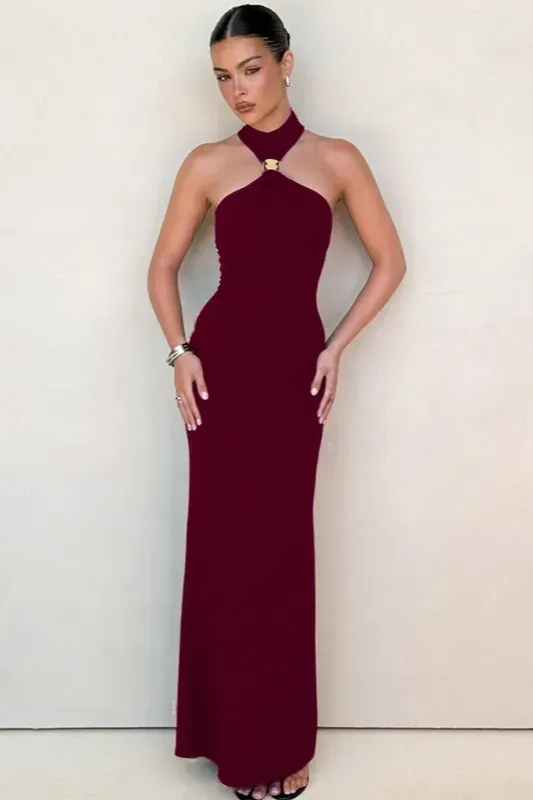 Maroon Halter Neck Maxi Dress