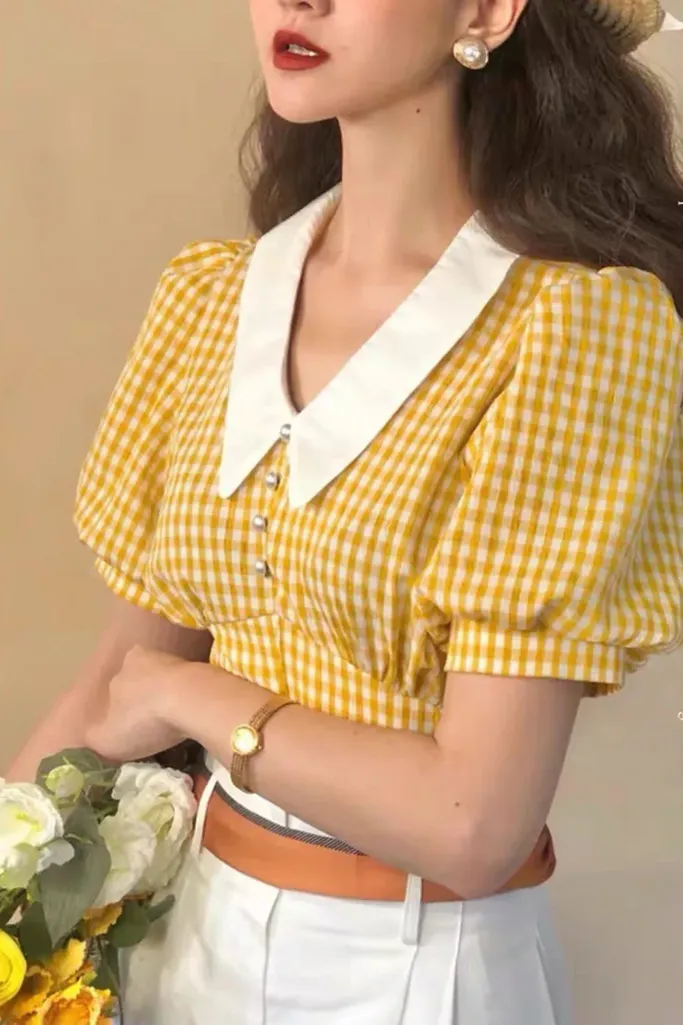 Yellow Gingham Peter Pan Crop Top - Image 1