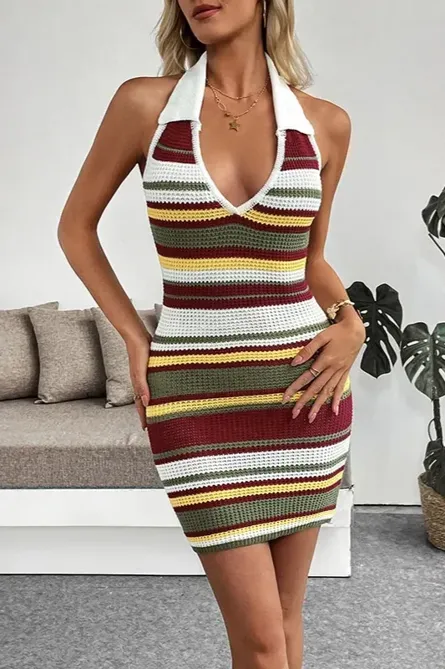 Crochet Striped Bodycon Mini Dress - NEWME