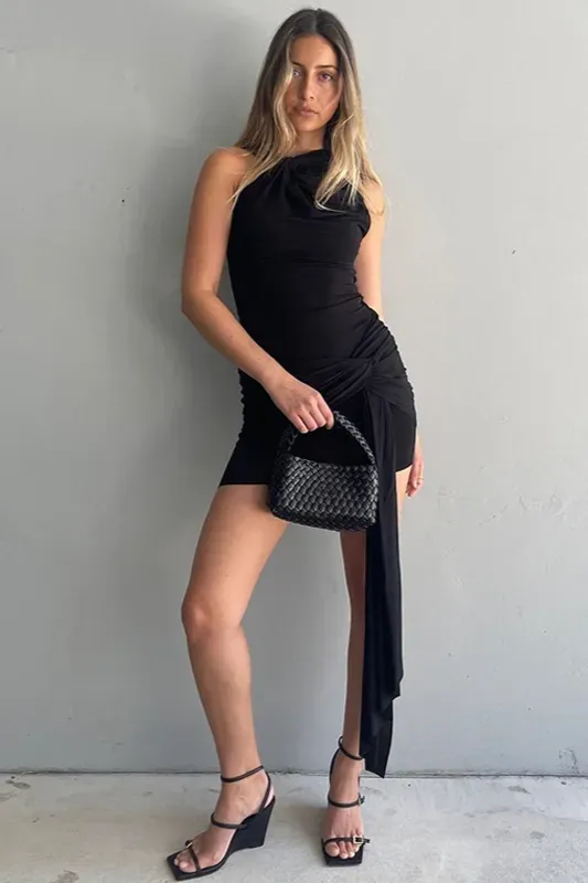 Black Draped Asymmetric Mini Dress