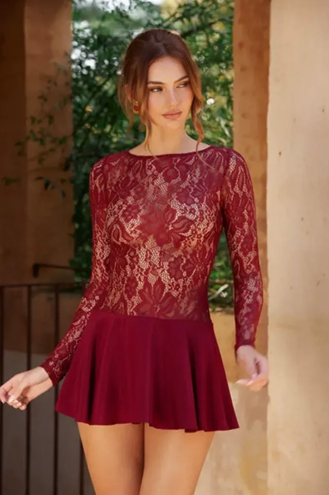 Maroon Lace Insert Mini Dress - Image 1