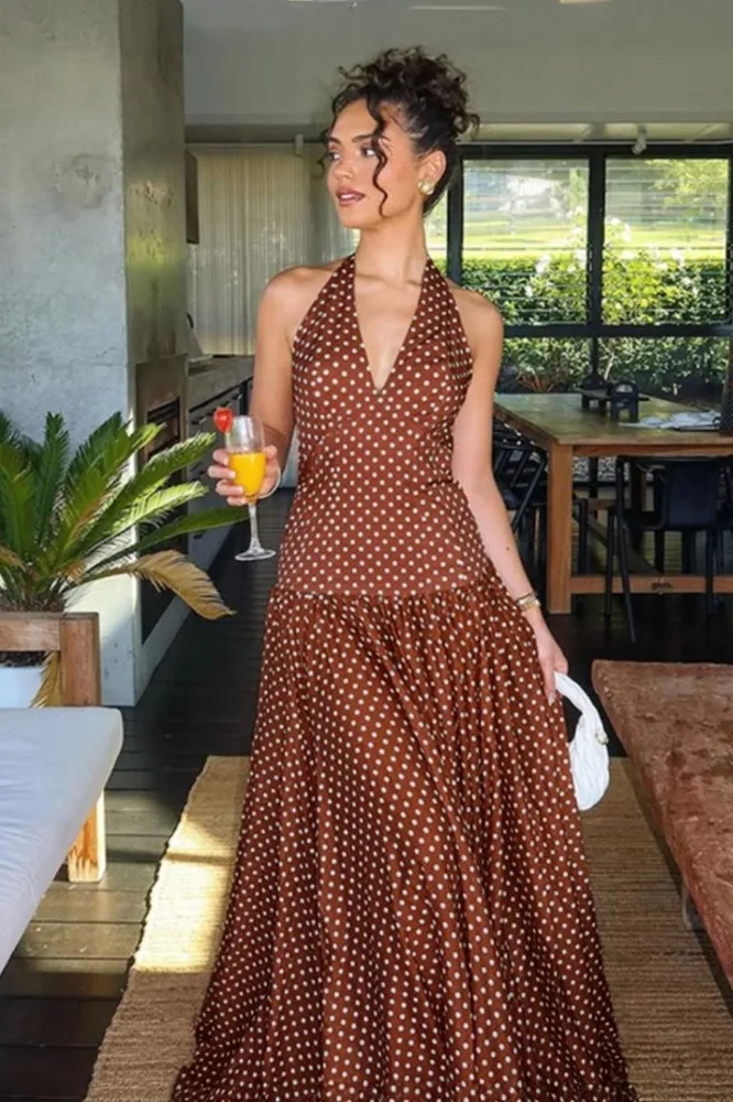 Brown Polka Dot Halter Maxi Dress - NEWME