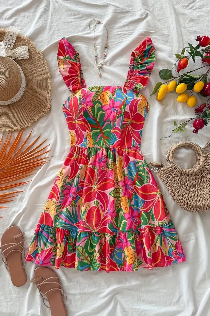 Multicolor Tropical Print Mini Dress - Image 1