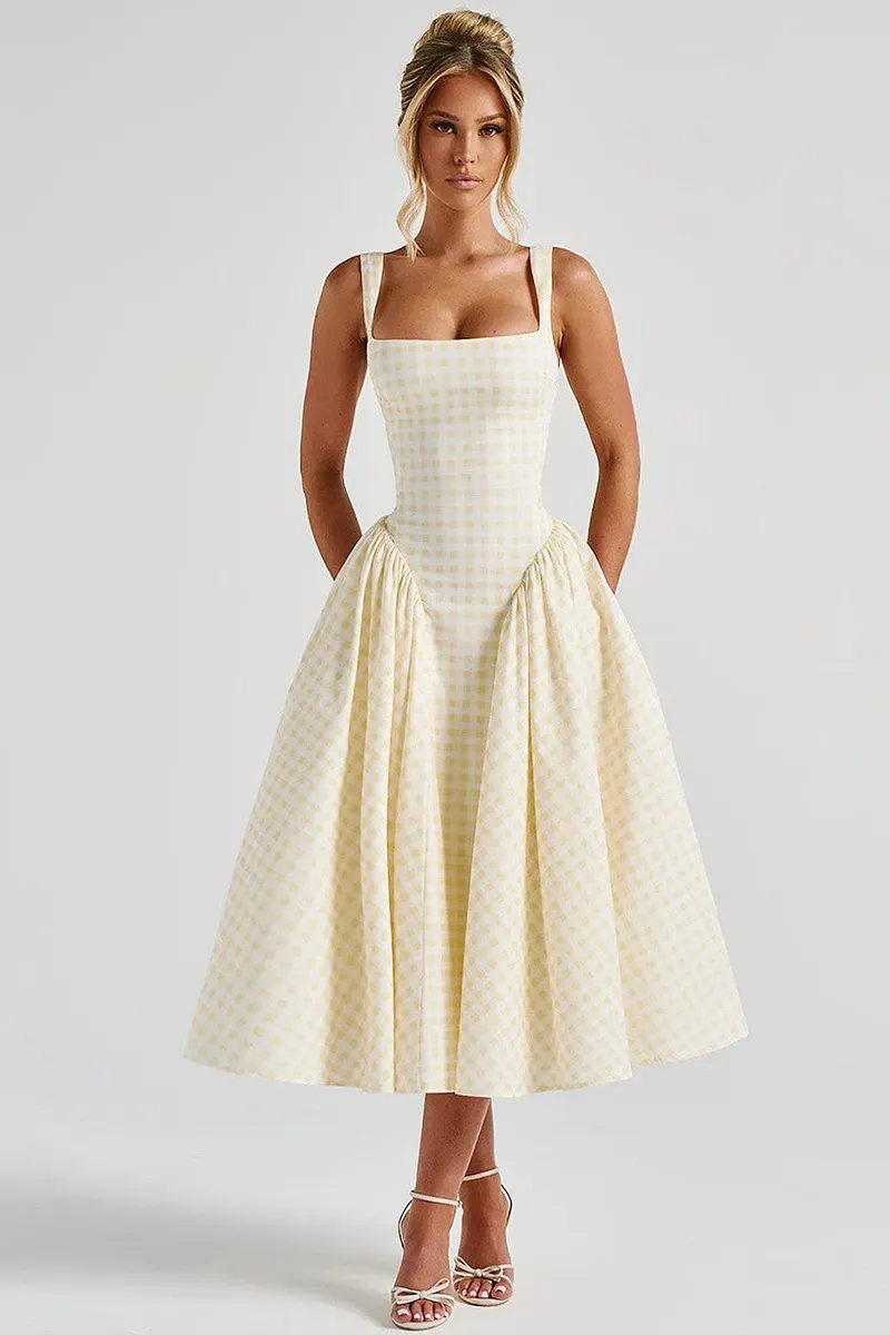 Light Blue Gingham Midi Dress - NEWME