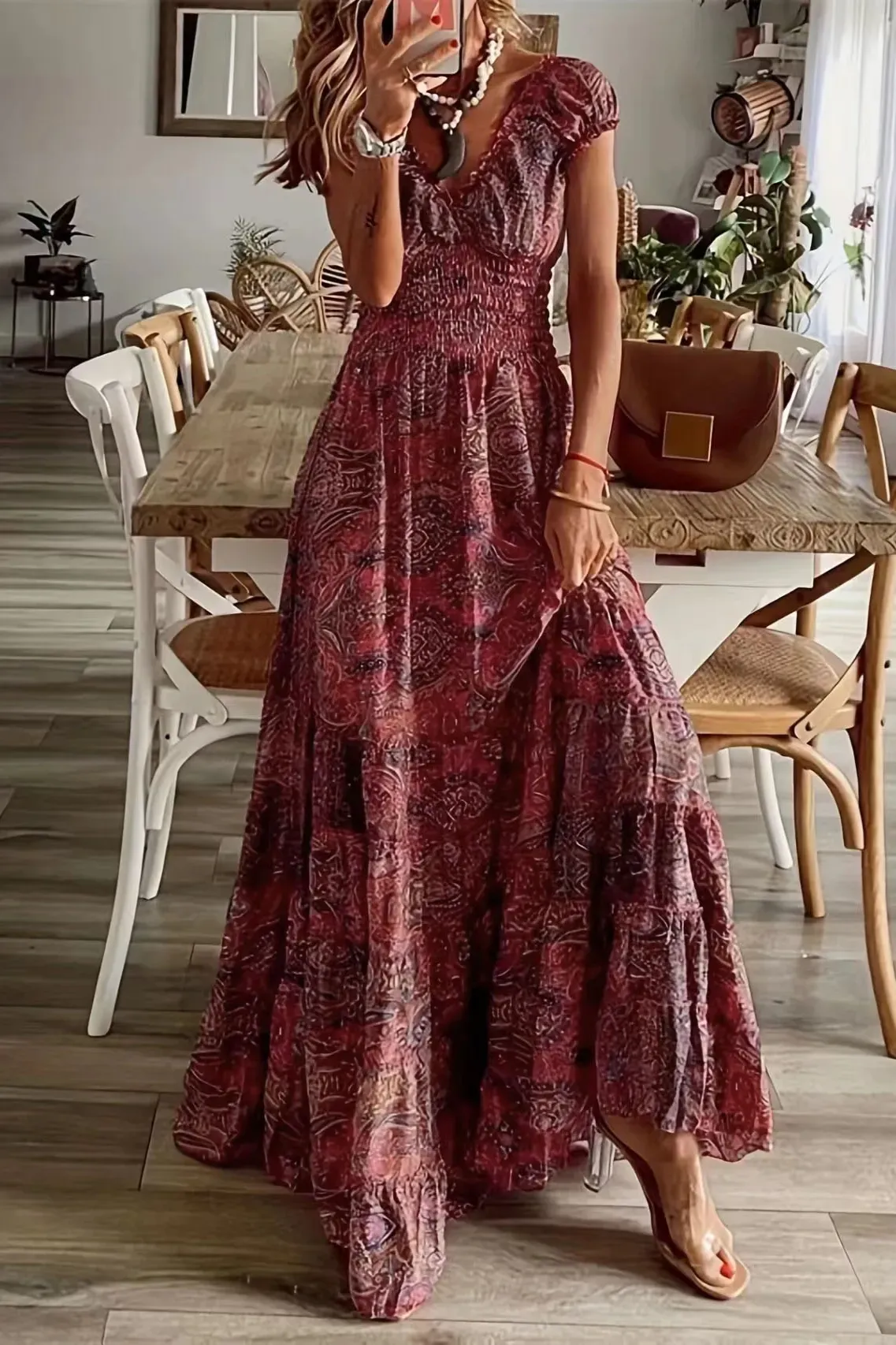 Wine Vneck Paisley Maxi Dress