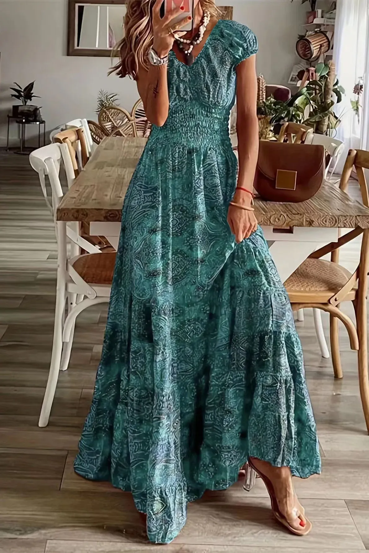 Green Vneck Paisley Maxi Dress