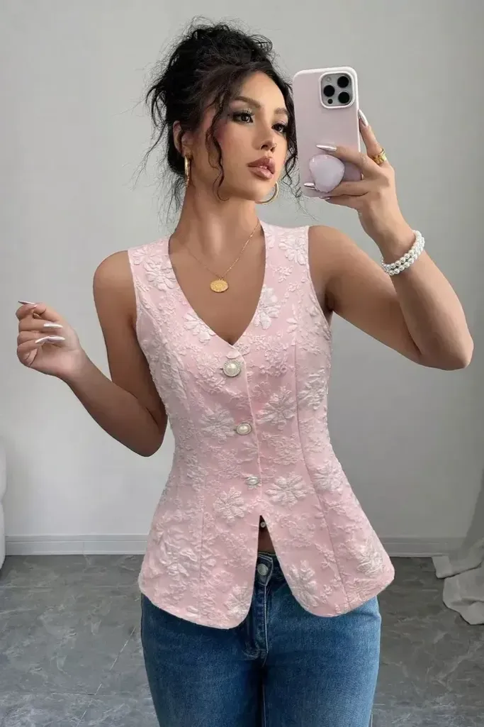 Light Pink Floral Vneck Buttoned Top - Image 1