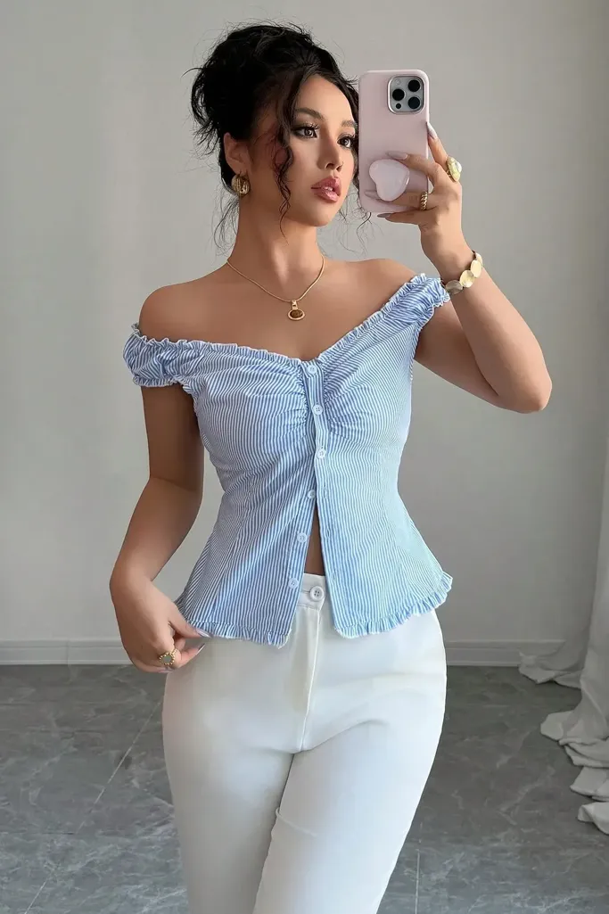 Blue Striped Offshoulder Top - Image 1