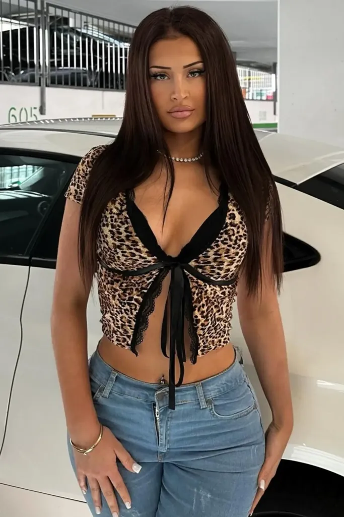 Black Leopard Tieup Crop Top - Image 1