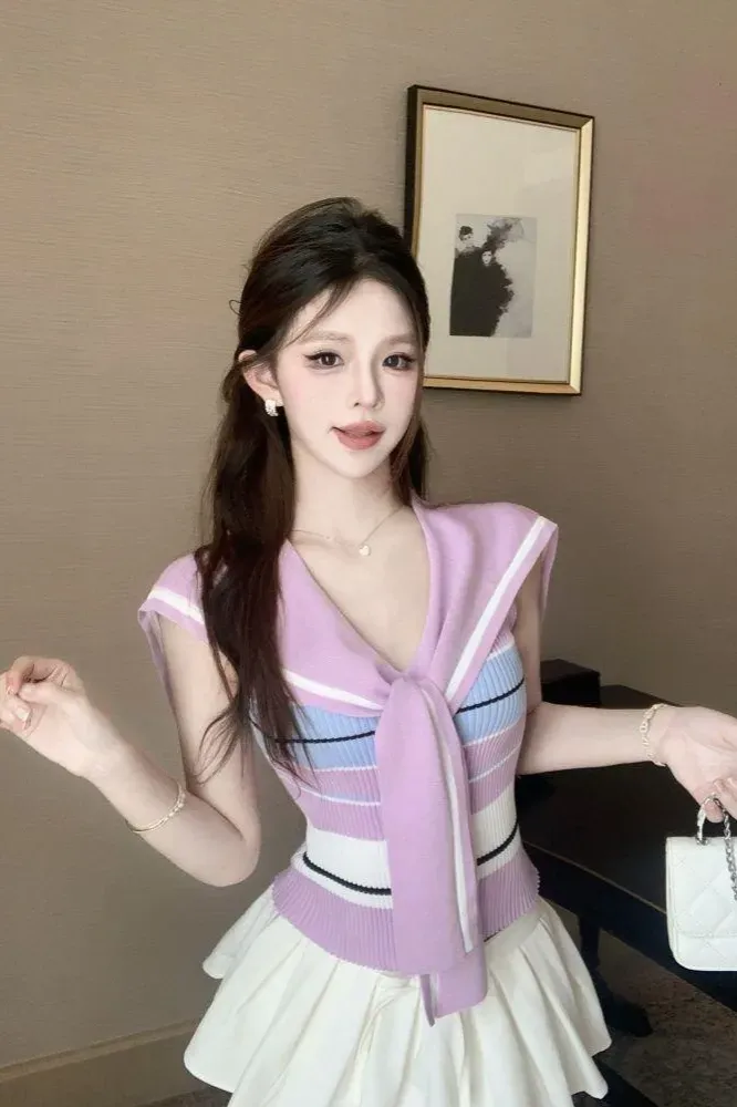 Purple Striped Vneck Tieup Top - Image 1
