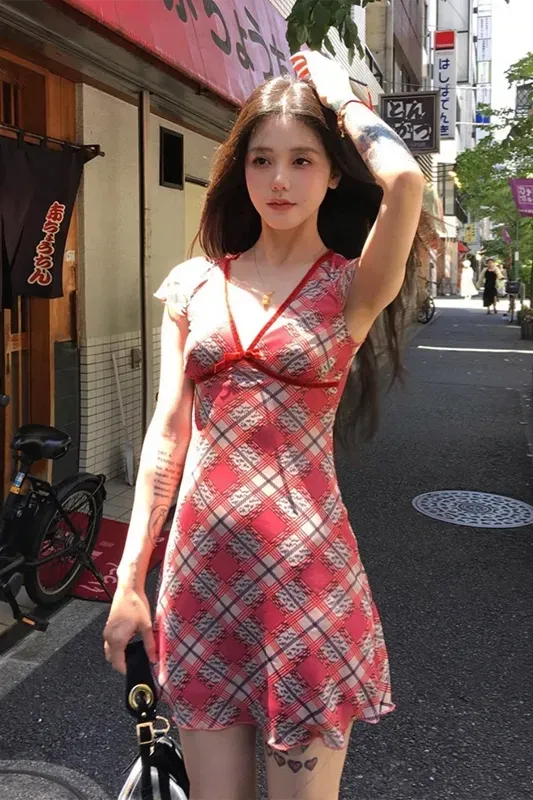 Red Plaid Vneck Mini Dress