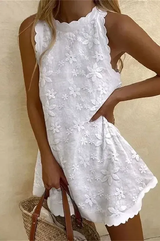 White Floral Schiffli Aline Dress