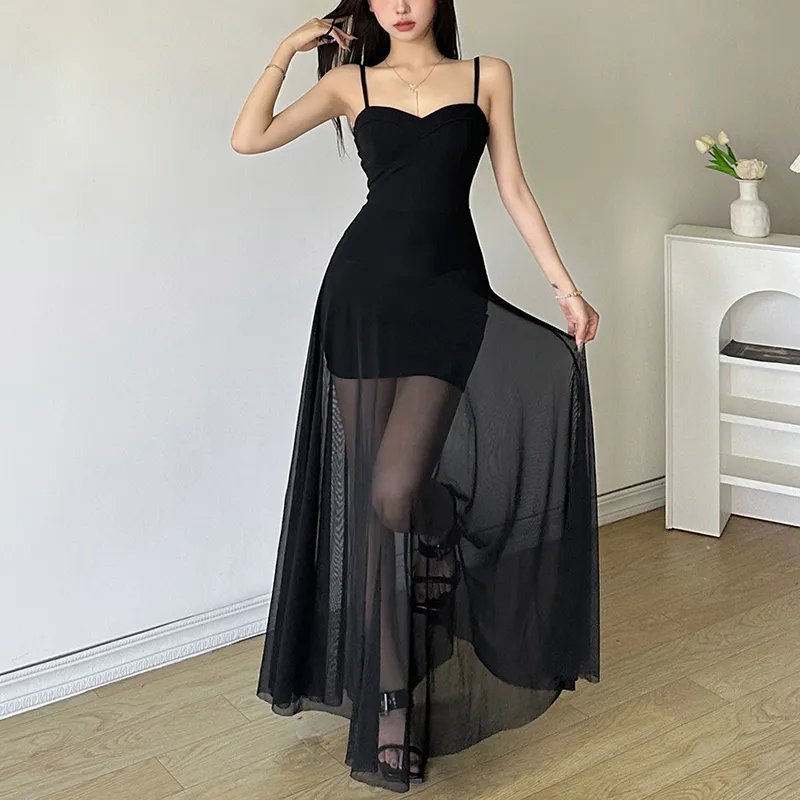 Black Solid Sweetheart Neck Semi Sheer Dress