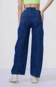 Dark Blue Asymmetrical Waist Denim Jeans - NEWME