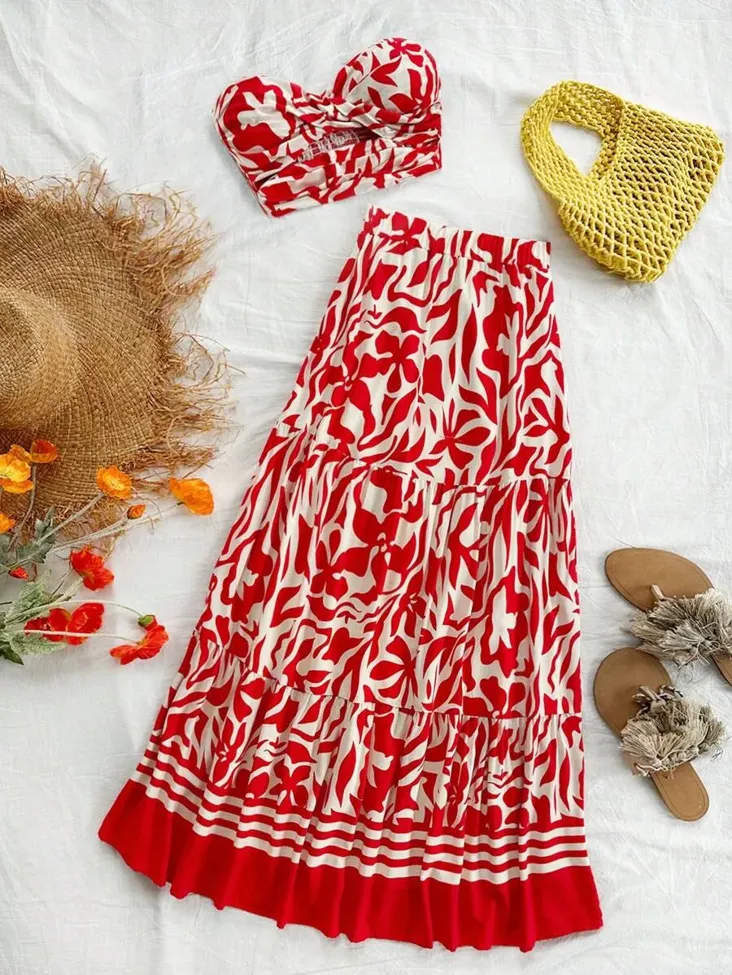Red Floral Sweetheart Neck Coord Set - Image 1
