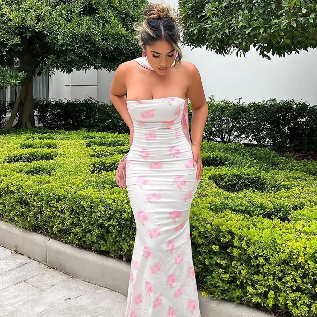 White Floral Ruched Mermaid Dress