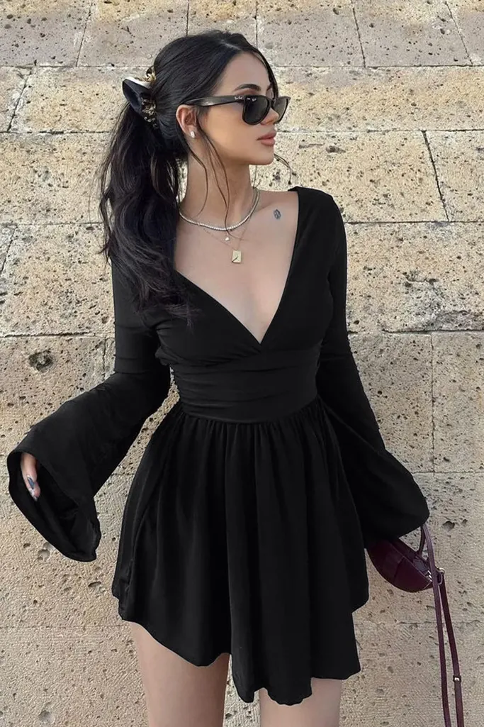 Black Solid Mini Dress With Full Sleeves - Image 1