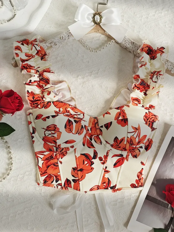 Cream Floral Ruffle Strap Corset - Image 1