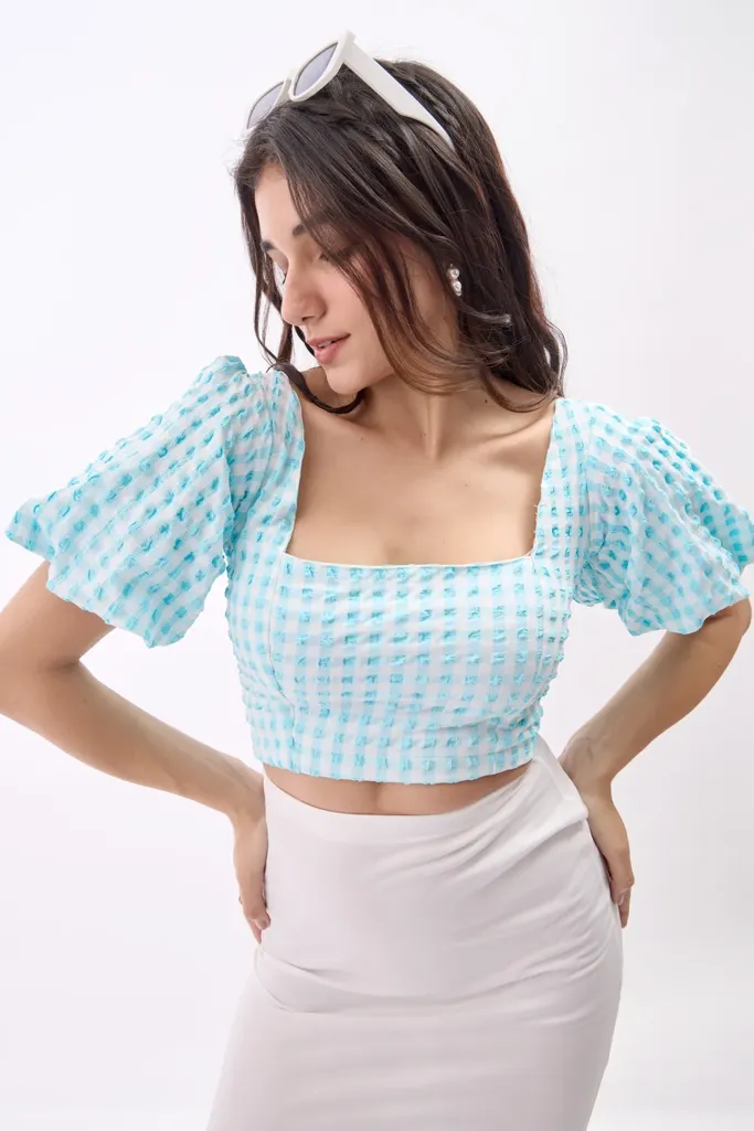 Light Blue Gingham Crop Top - Image 1