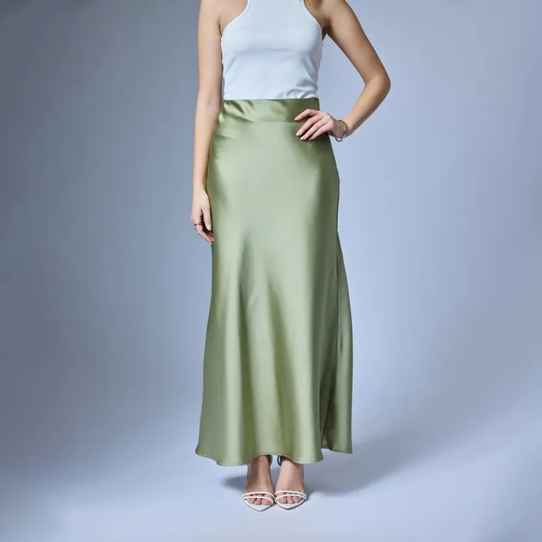 Green Mermaid Hem Satin Maxi Skirt - Image 1