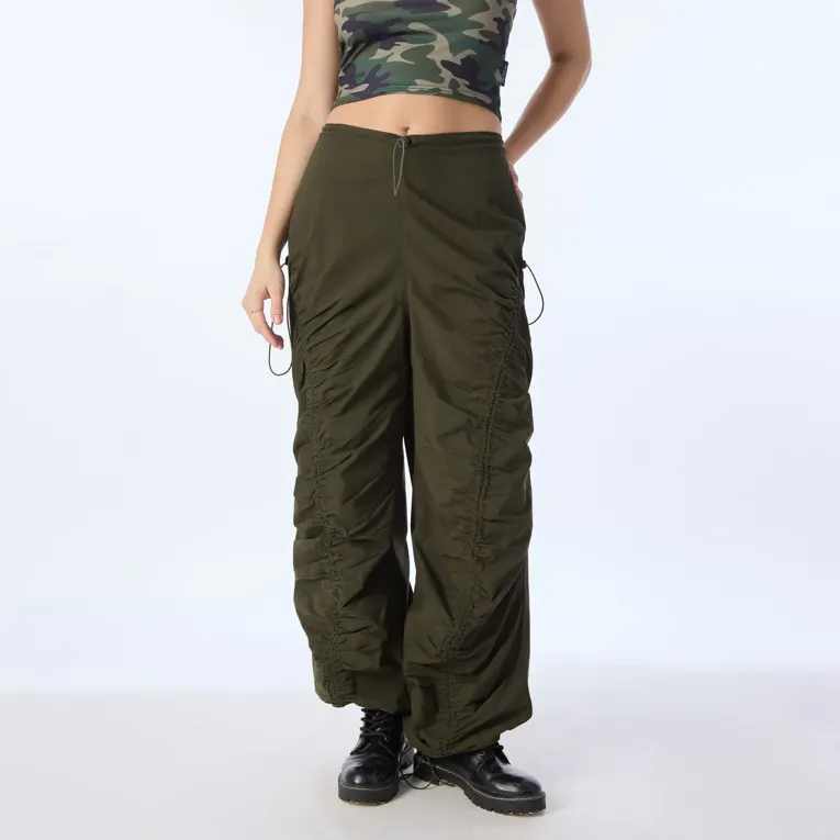 Olive Ruched Parachute Trousers - Image 1