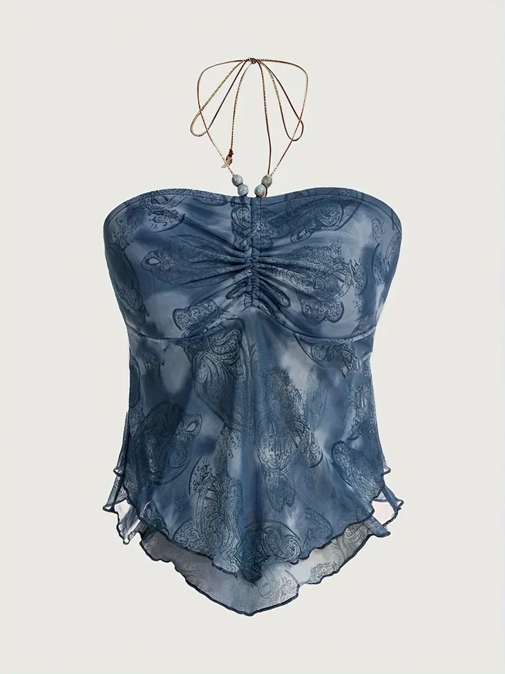 Dark Blue Ruched Halter Neck Layered Top - Image 1