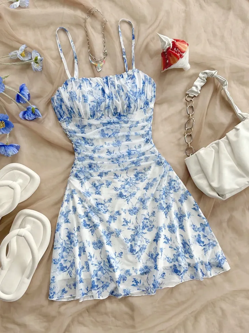 slim fit dress slacks Floral Fit And Flare Dress Blue And White | Dresses & Jumpsuits main image 0