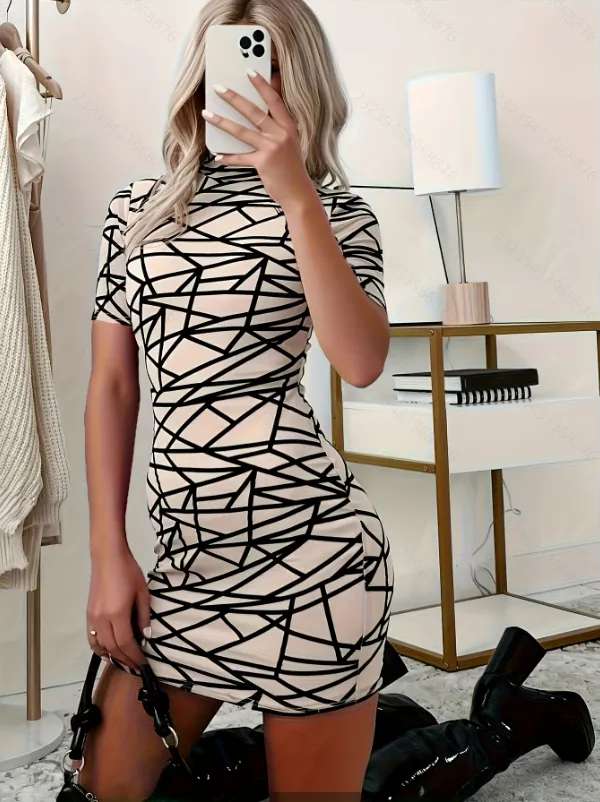 Beige Bodycon Geometric Dress