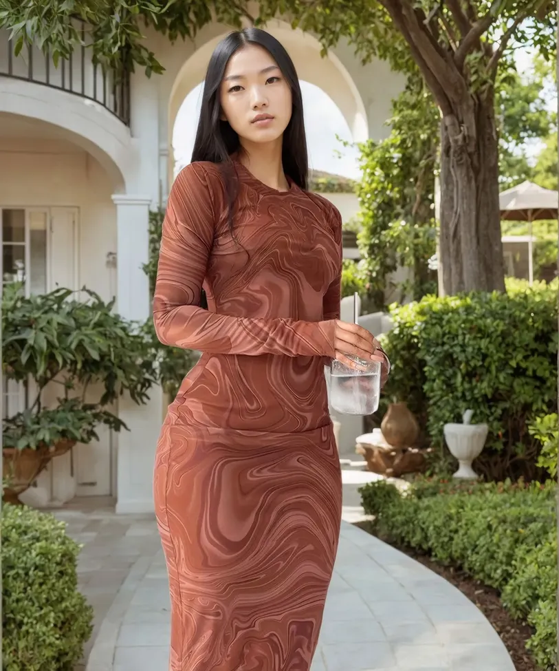 Pattern Printed Brown Long Sleeve Dress - Image 1