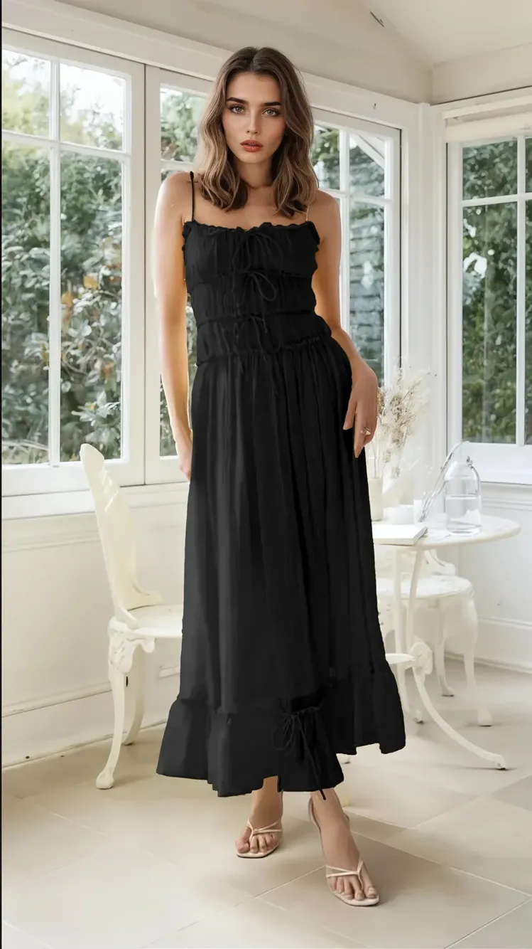 Black Solid Gathered Maxi Dress - Image 1