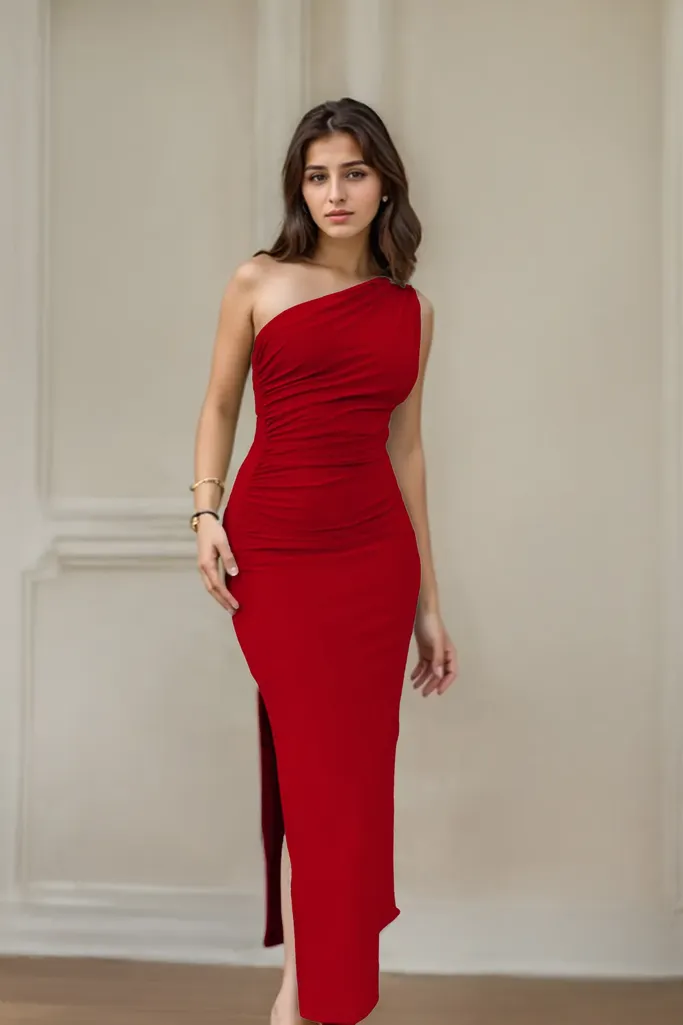 Red One Shoulder Ruched Dress NEWME