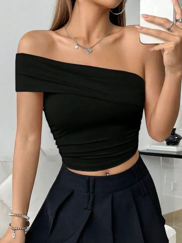 Ruched One Shoulder Crop Top - Image 1