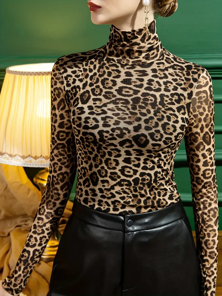 Beige Leopard Mock Neck Top - Image 1