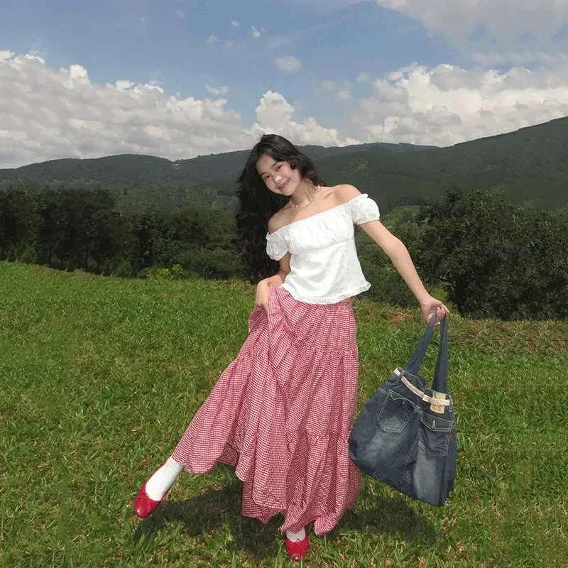 Red Gingham Tiered Maxi Skirt NEWME