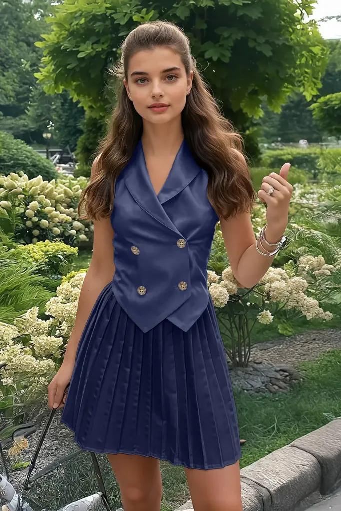 Navy Vest Top With Pleated Skirt - Image 1