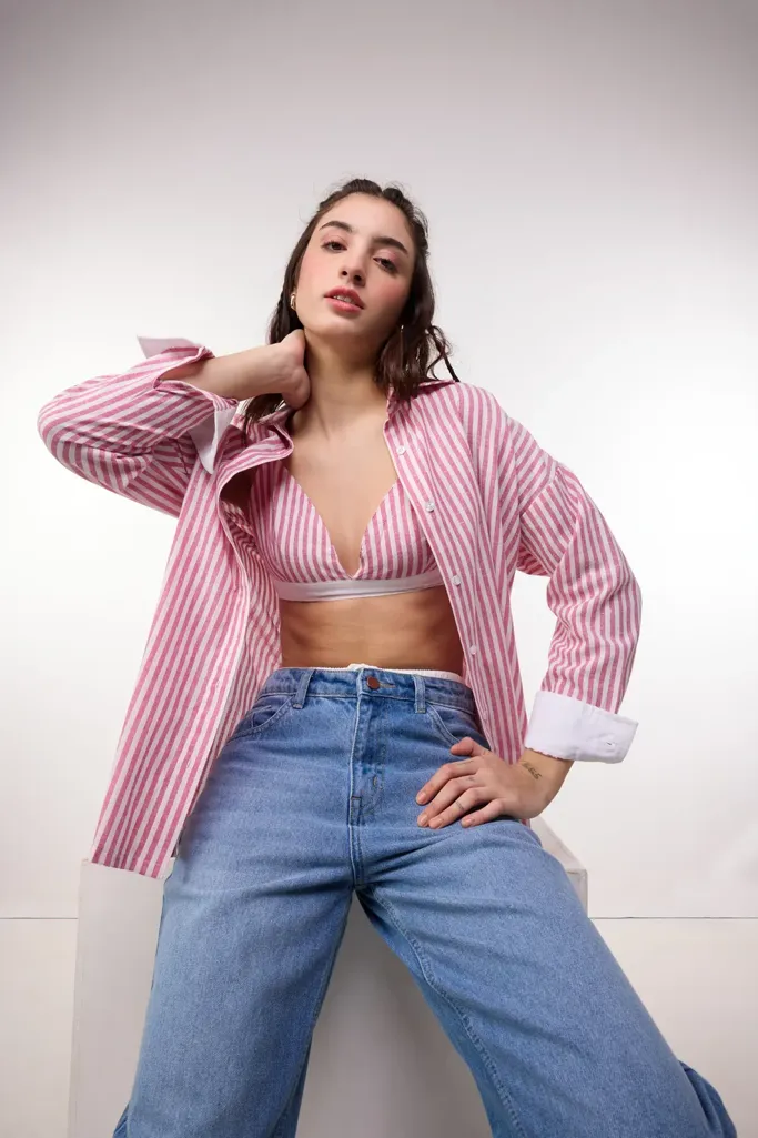 Pink Striped Shirt And Bralette Set - Image 1
