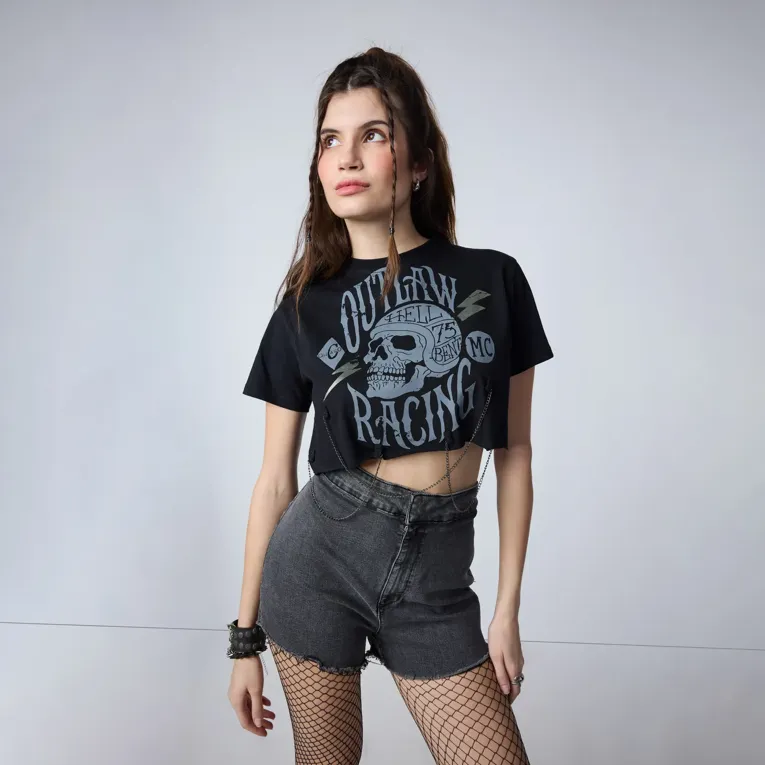 Black Graphic Printed Stylised Crop Tshirt - Image 1