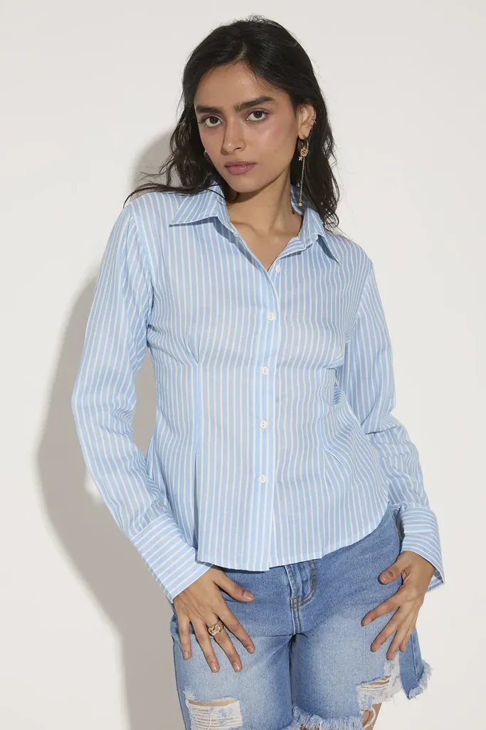 Blue Stripe Clenched Waist Shirt - Image 1