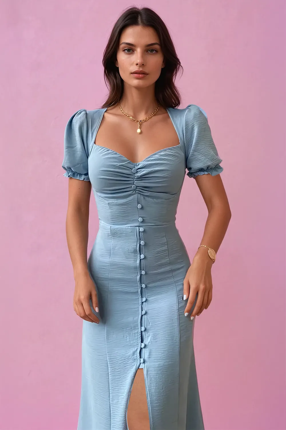 Sweet Heart Neck Puff-sleeved Flared Dress ワンピース Sweetheart Neck Puff Sleeves Midi Dress - NEWME