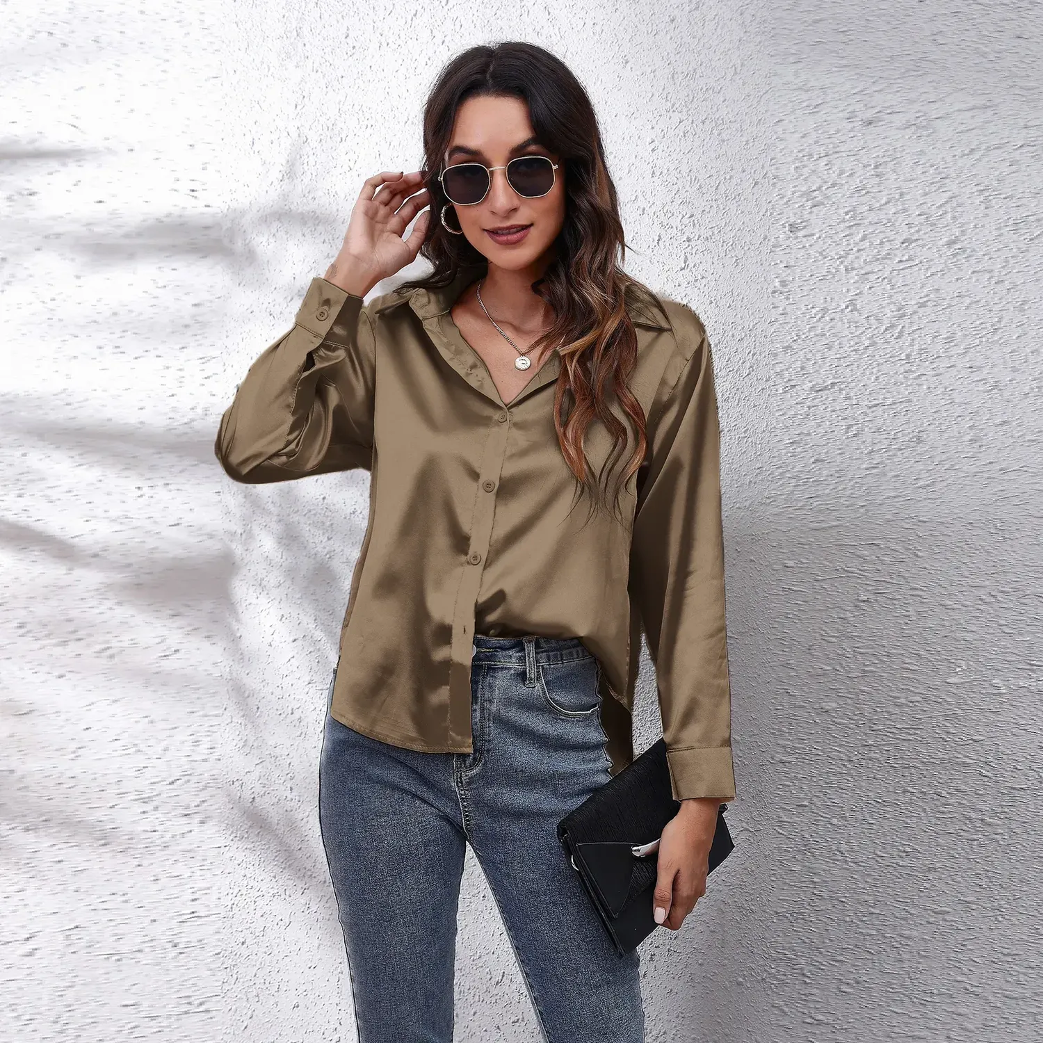Brown Satin Spread Collar Shirt