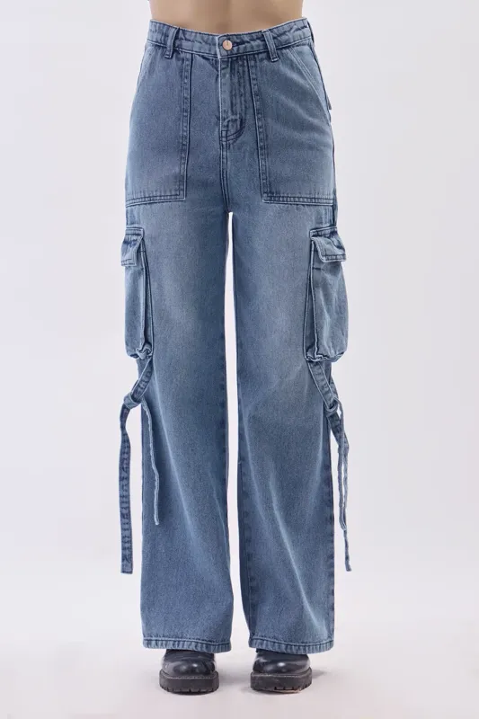 JEMUT]☆SERA WIDE CARGO DENIM PANTS Blue High Waist Cargo