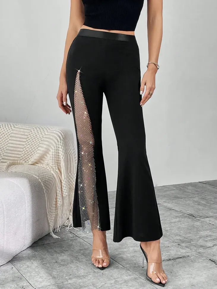 Black Mesh Detail Flared Trousers - Image 1