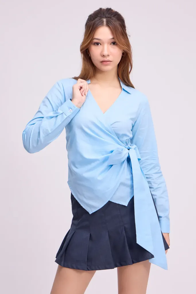 Blue Side Knotted Wrap Top - Image 1
