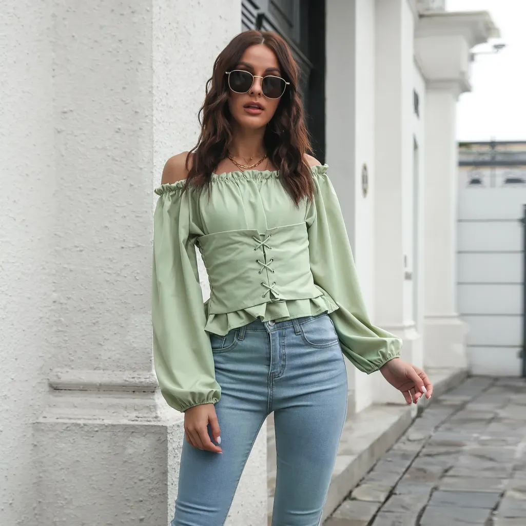 Green Lace Up Bardot Top NEWME