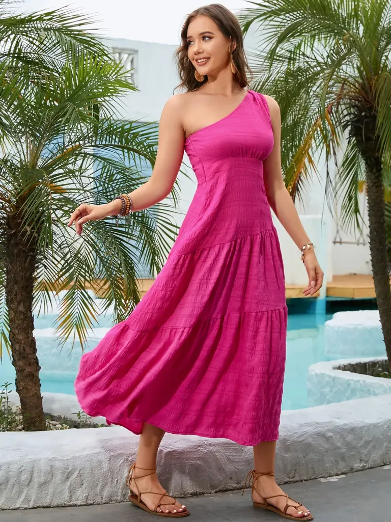 Fuchsia One Shoulder Tiered Dress - NEWME