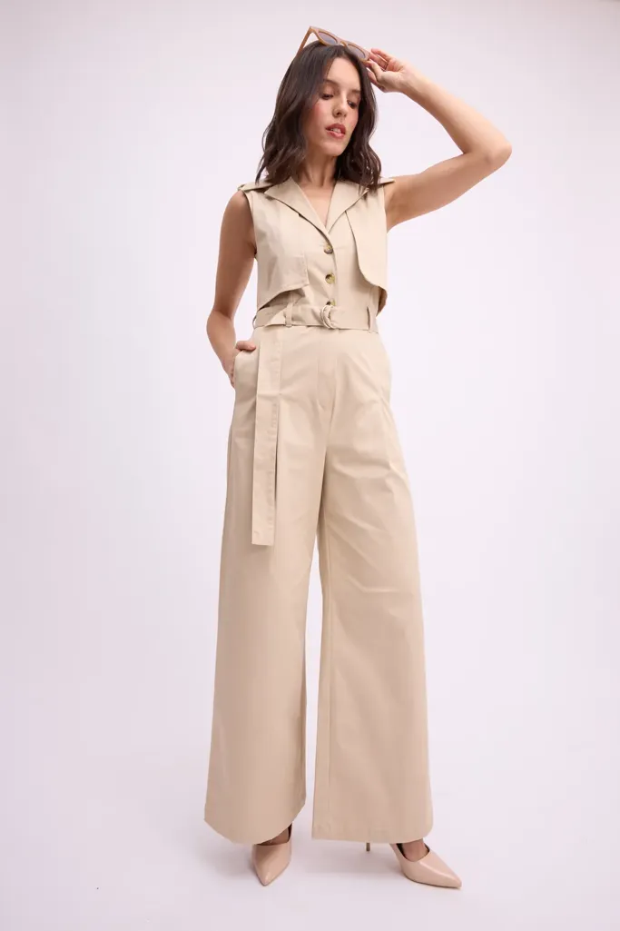 Beige Waist Coat Flare Jumpsuit - Image 1