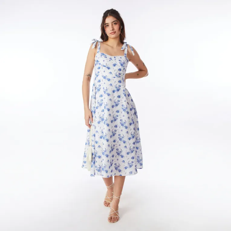 White Allover Floral Printed Midi Dress - Image 1